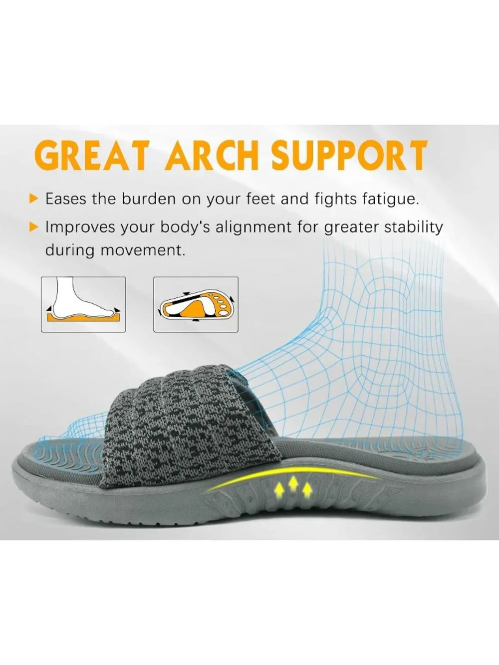 Men's Grey Arch Support Sport Slides Open Toe Adjustable Orthotic Sandal Shoes